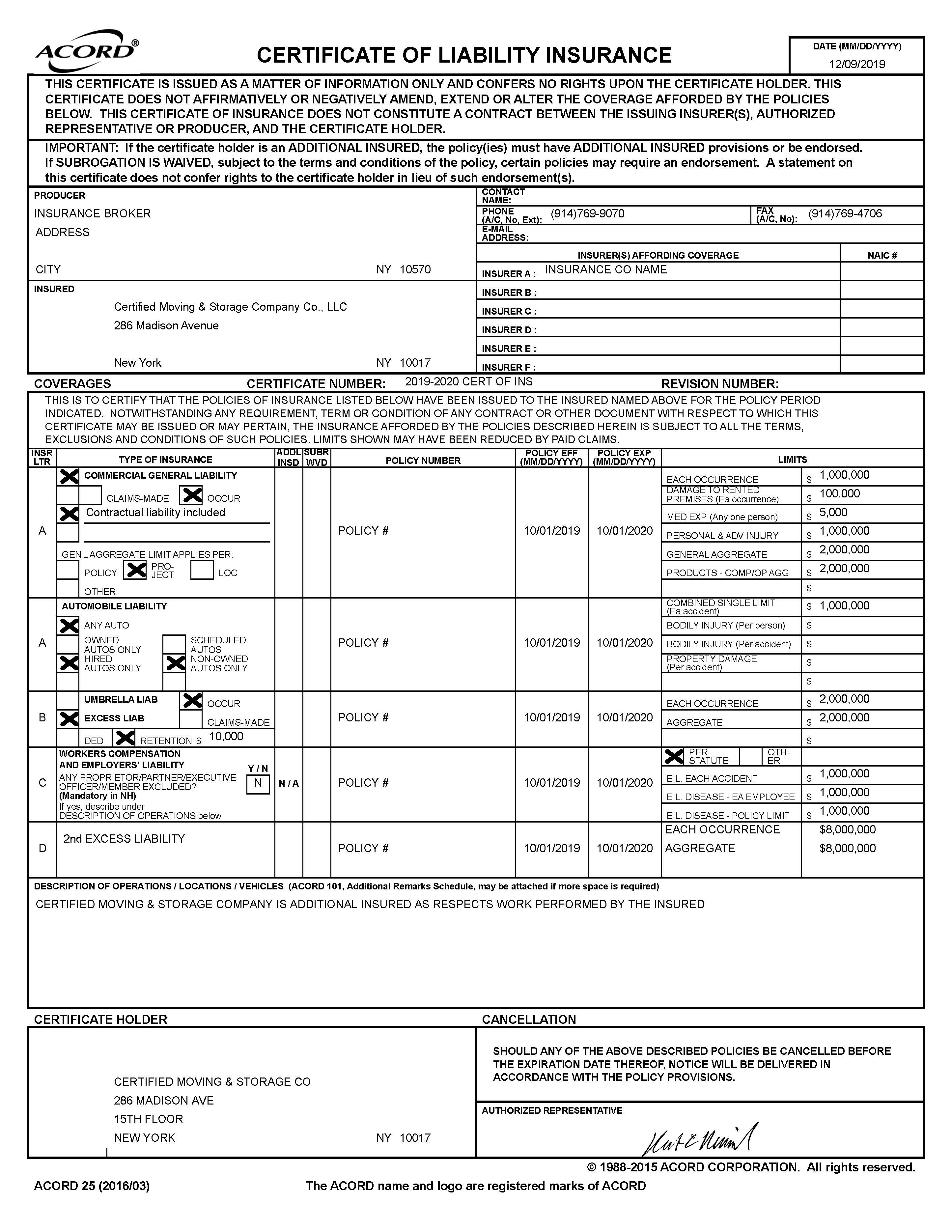 Certificates of Insurance – Certified